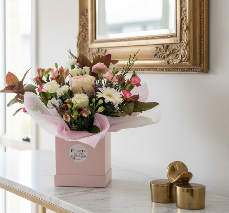 Bouquet of flowers in a pink box