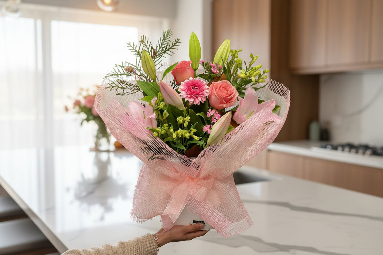 Pink and peach rose and lily bouquet wrapped in pink mesh with green foliage on dark background