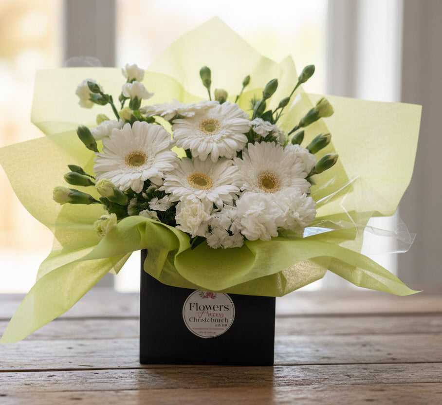 Bouquet of white flowers in a black box