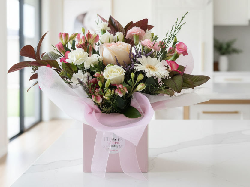 Flower arrangement in posies box – Flowers Across Christchurch