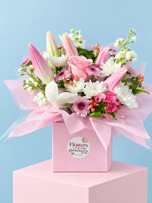 Flower Arrangement in posies box with Lilies