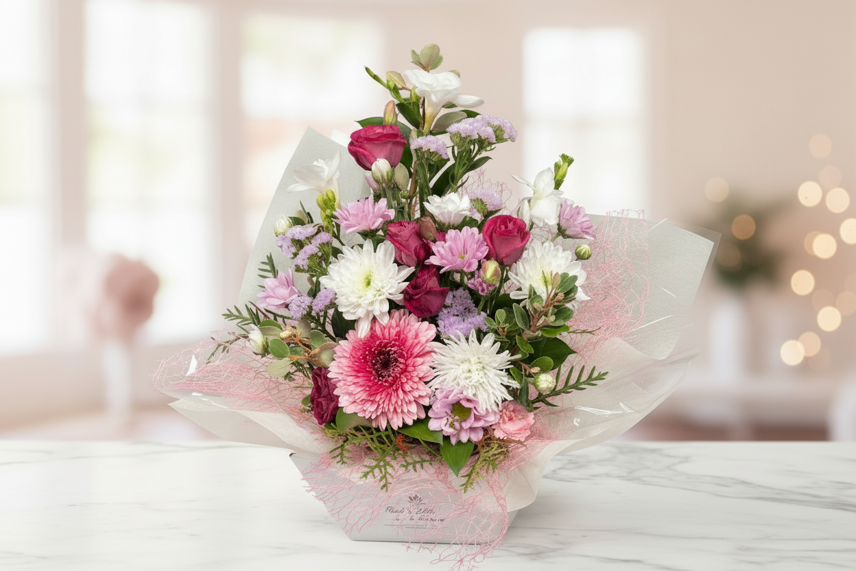Bouquet of flowers wrapped in pink paper