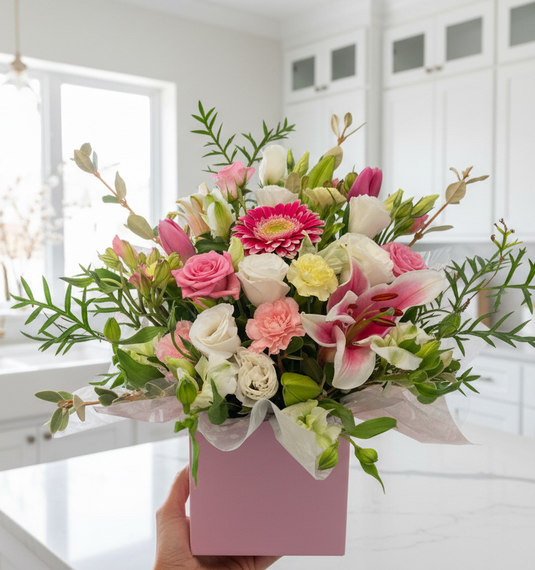 flowers in a pink box